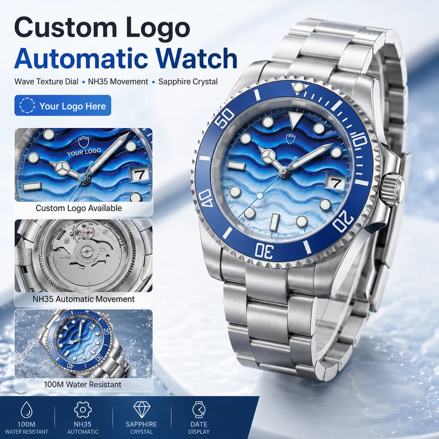 custom logo NH35 automatic dive watch with wave-texture dial - view 1
