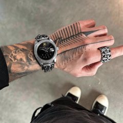 Who Cares Chrome Rebel Engraved Automatic Watch 40mm – wearing or detail view