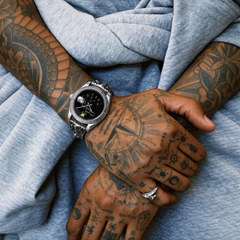 Who Cares Chrome Rebel Engraved Automatic Watch 40mm – wearing or detail view