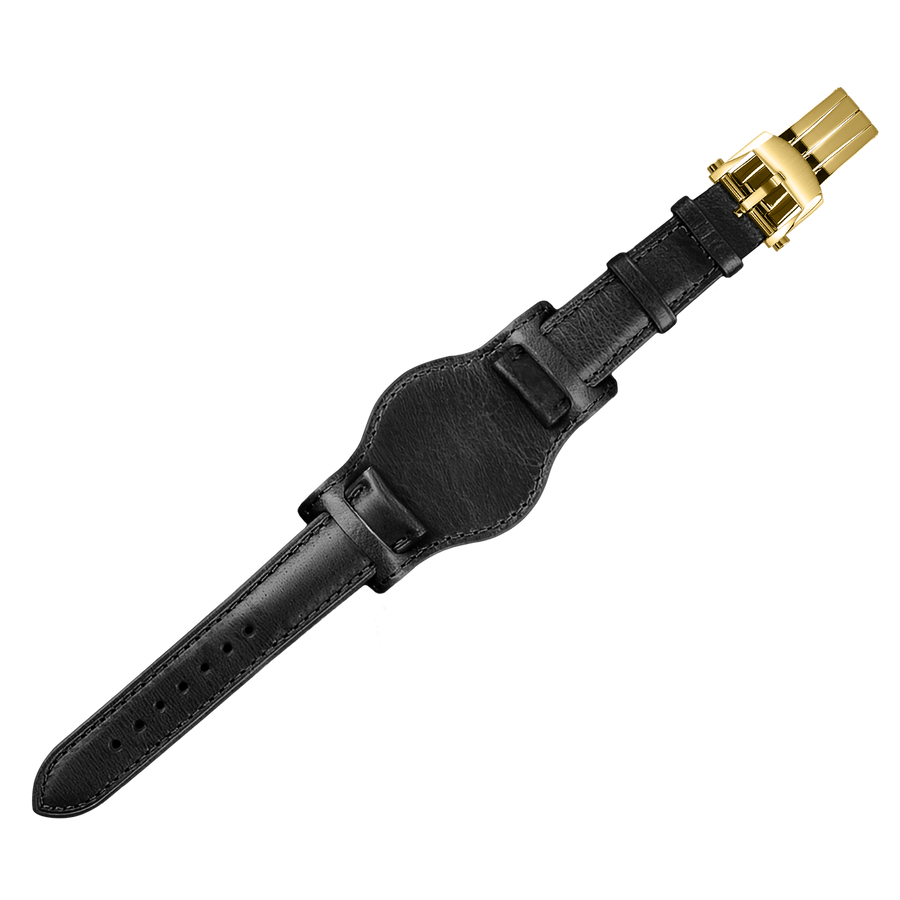 20mm Bund Leather Watch Strap – Black Strap Gold Buckle – product view