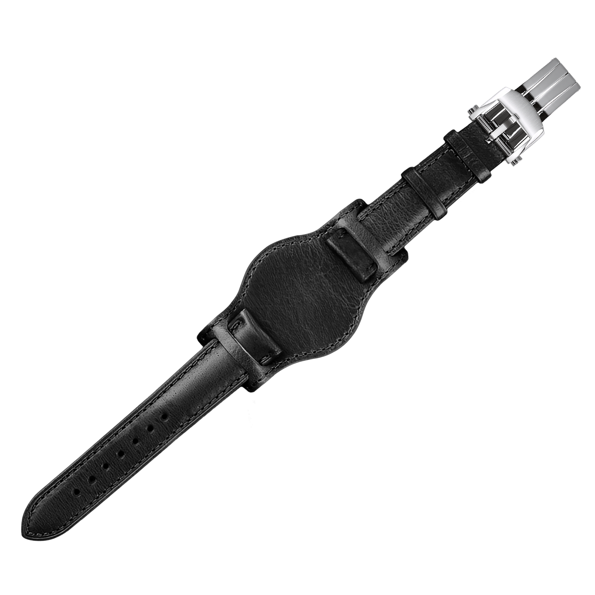 20mm Bund Leather Watch Strap – Black Strap Silver Buckle – product view