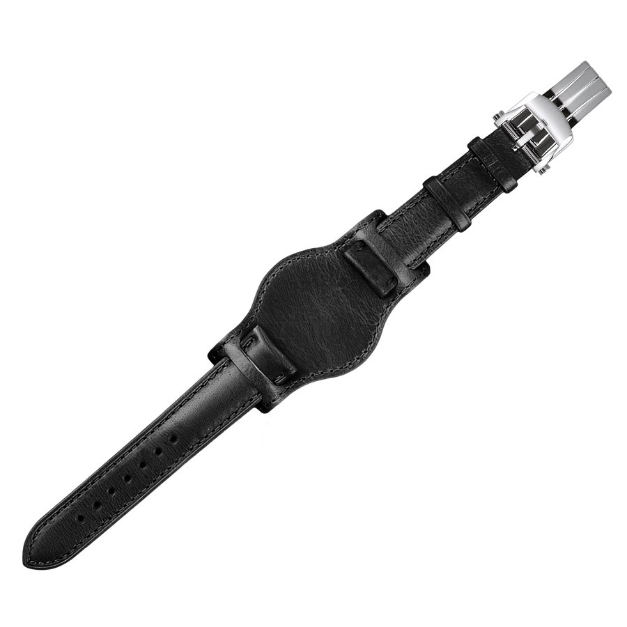 20mm Bund Leather Watch Strap – Black Strap Silver Buckle – product view