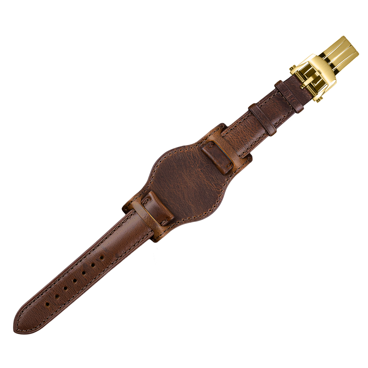 20mm Bund Leather Watch Strap – Brown Strap Gold Buckle – product view