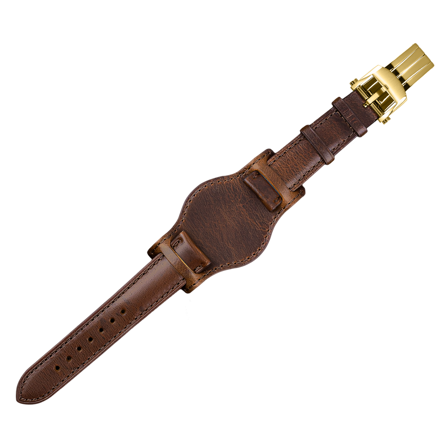 20mm Bund Leather Watch Strap – Brown Strap Gold Buckle – product view