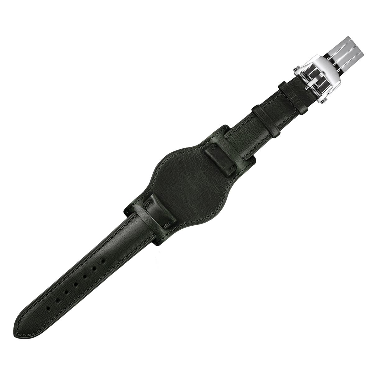 20mm Bund Leather Watch Strap – Green Strap Silver Buckle – product view