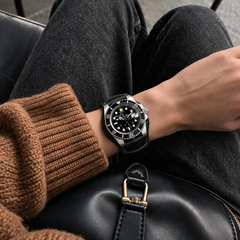 Who Cares Midnight Rebel Leather Cuff Automatic Watch 40mm – wearing or detail view